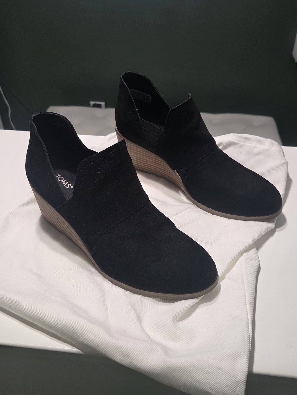 TOMS Goldie Black Suede Wedge Booties with Stacked Heel